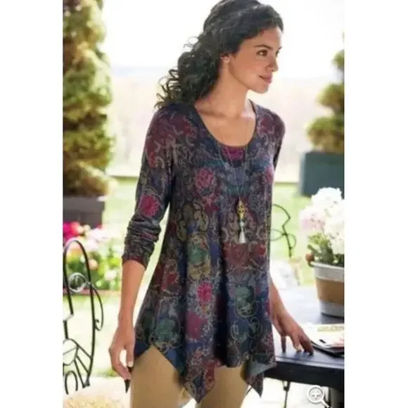 SOFT SURROUNDINGS Women's Pet L Poppy Feild Printed Dark Floral Tunic Top - Picture 2 of 16